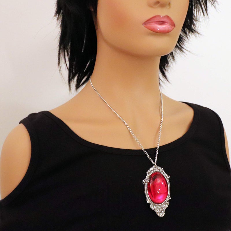 Real Metal Blood Red Cabochon in Silver Finish Pewter Frame Pendant Necklace - Image 2